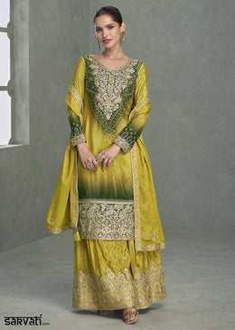 Yellow & Green Embroidered Chinon Silk Palazzo Set