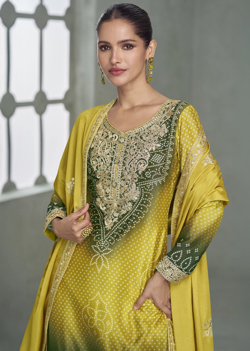 Yellow & Green Embroidered Chinon Silk Palazzo Set