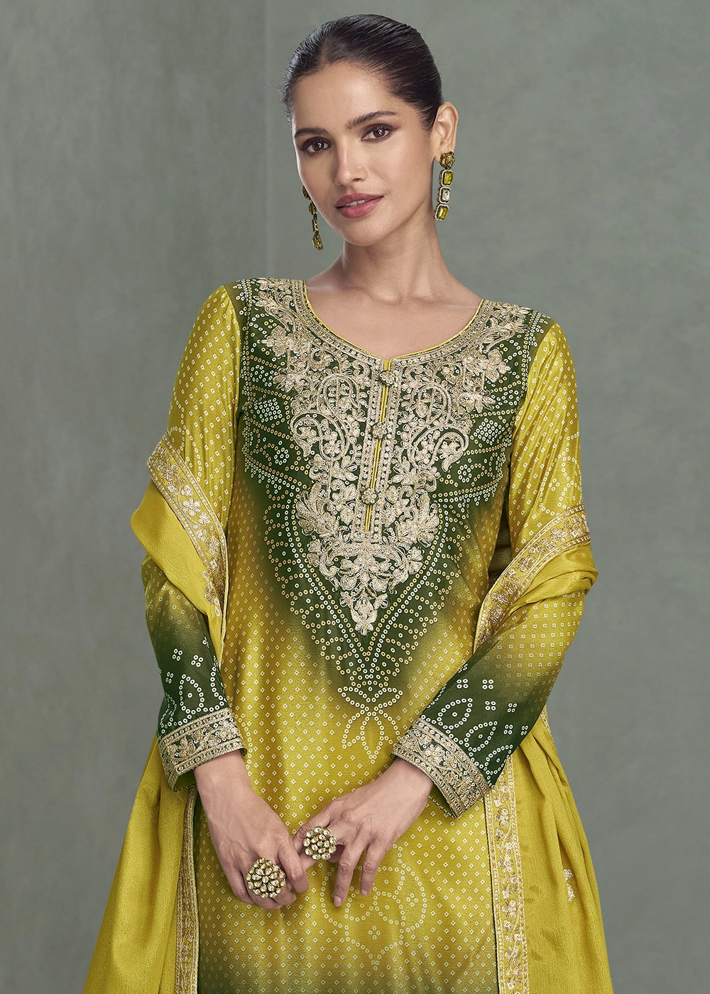 Yellow & Green Embroidered Chinon Silk Palazzo Set