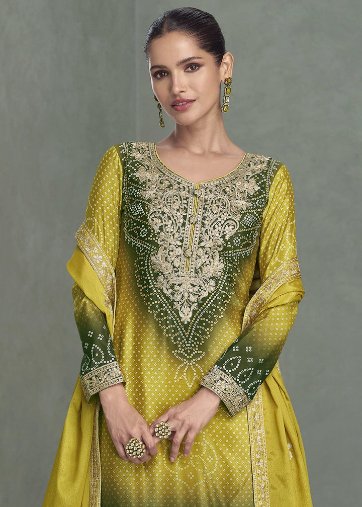 Yellow & Green Embroidered Chinon Silk Palazzo Set