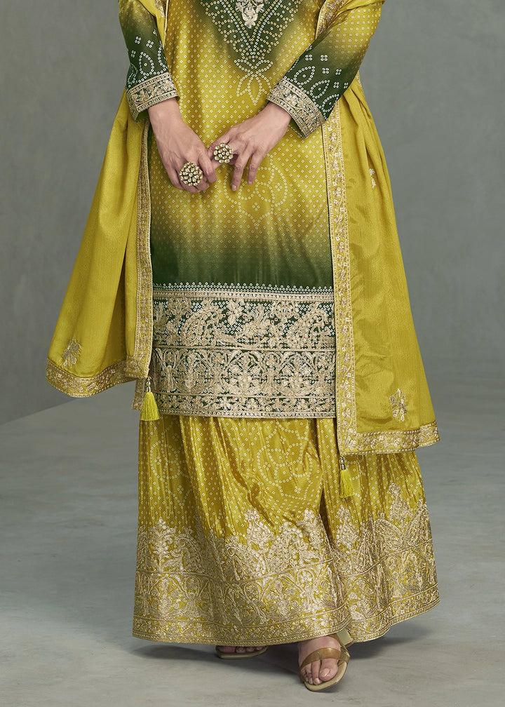 Yellow & Green Embroidered Chinon Silk Palazzo Set