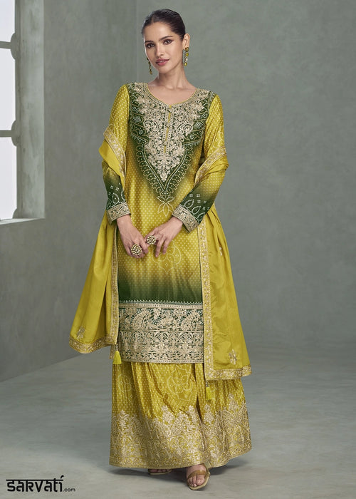 Yellow & Green Embroidered Chinon Silk Palazzo Set