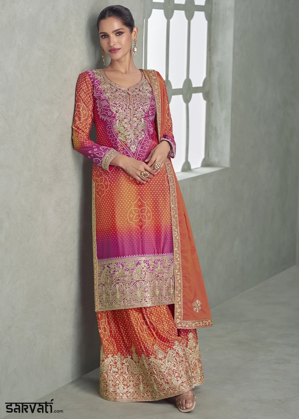 Orange & Pink Embroidered Chinon Silk Palazzo Set