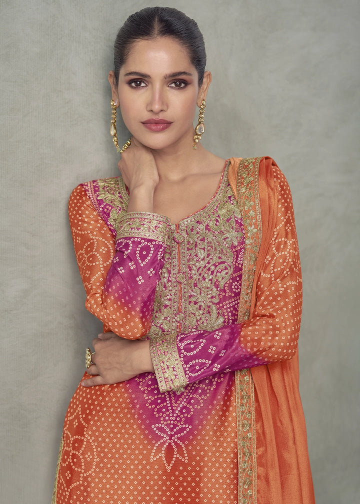 Orange & Pink Embroidered Chinon Silk Palazzo Set