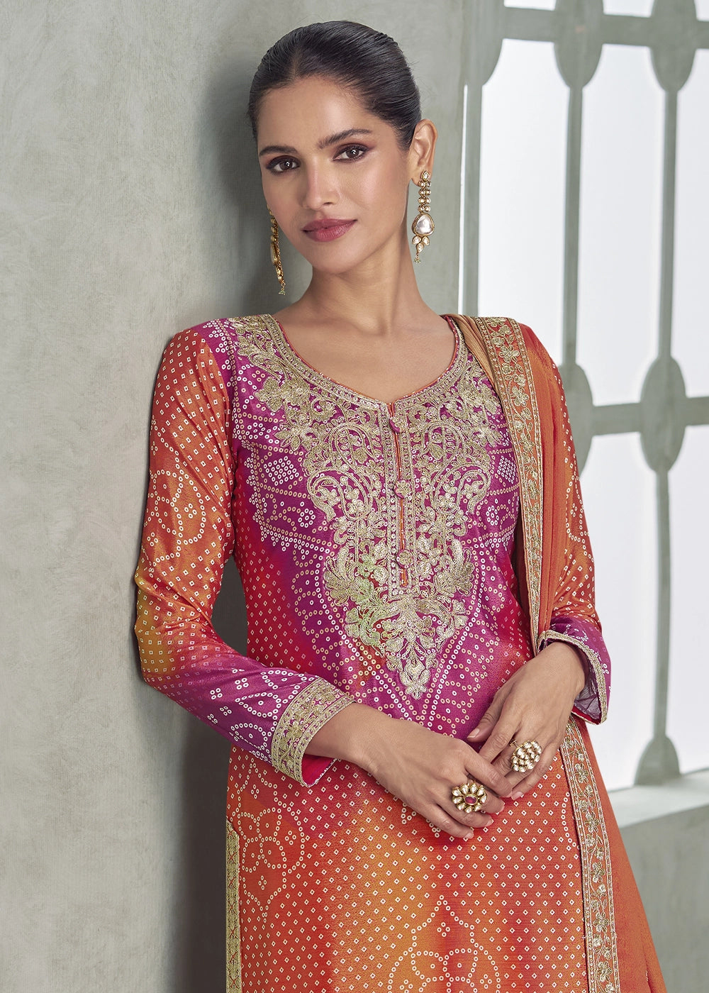 Orange & Pink Embroidered Chinon Silk Palazzo Set