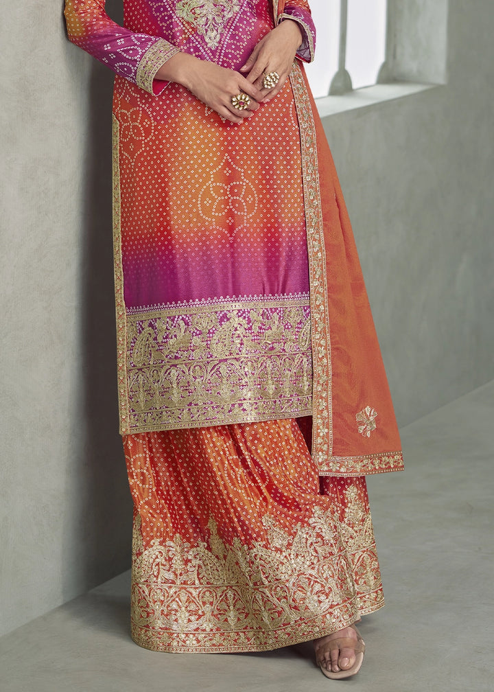 Orange & Pink Embroidered Chinon Silk Palazzo Set