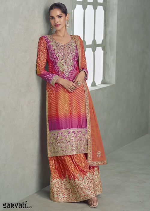 Orange & Pink Embroidered Chinon Silk Palazzo Set