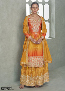 Yellow & Orange Embroidered Chinon Silk Palazzo Set
