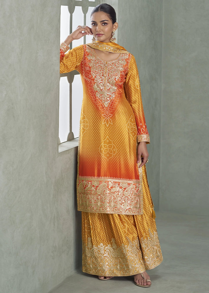 Yellow & Orange Embroidered Chinon Silk Palazzo Set