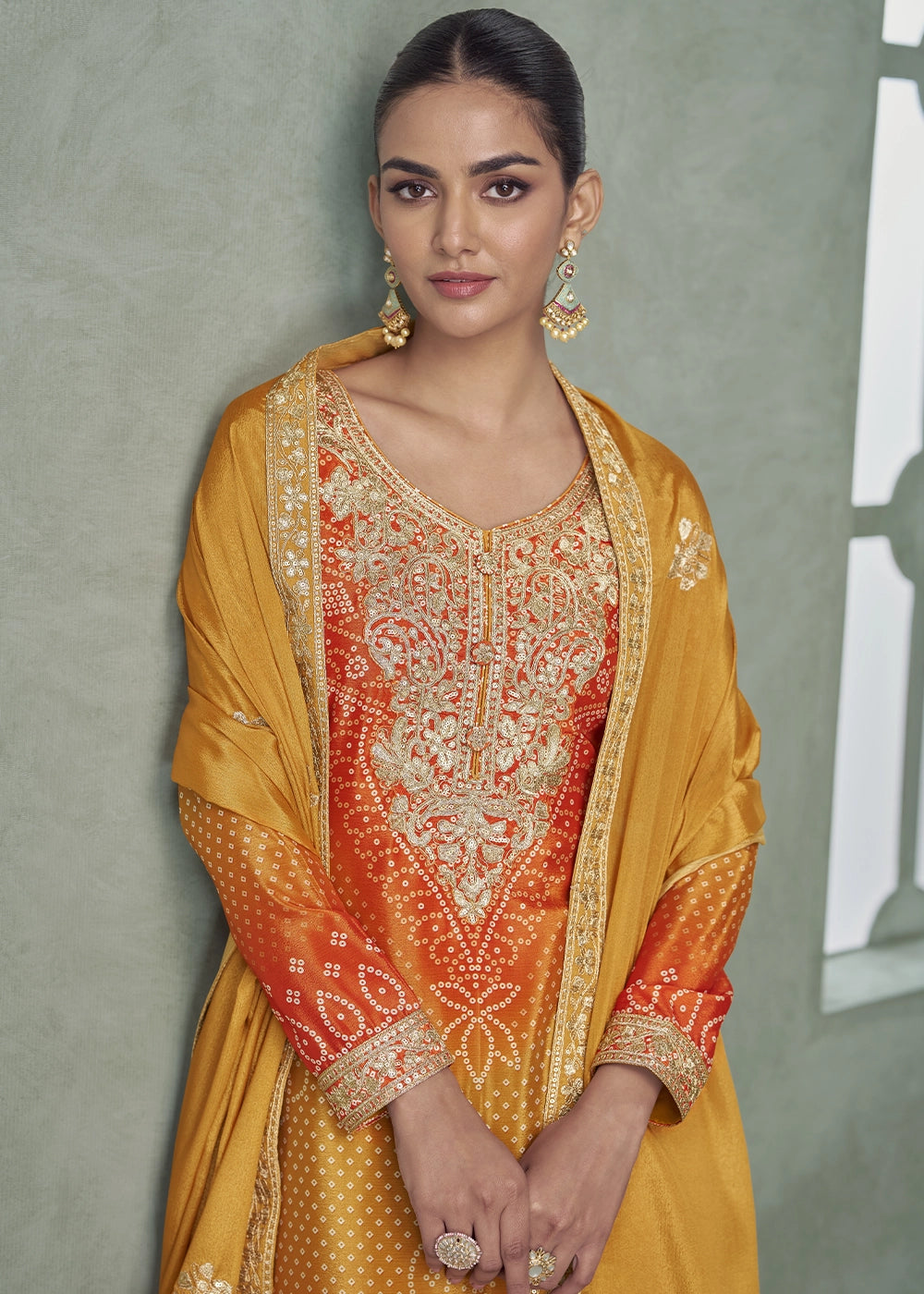 Yellow & Orange Embroidered Chinon Silk Palazzo Set