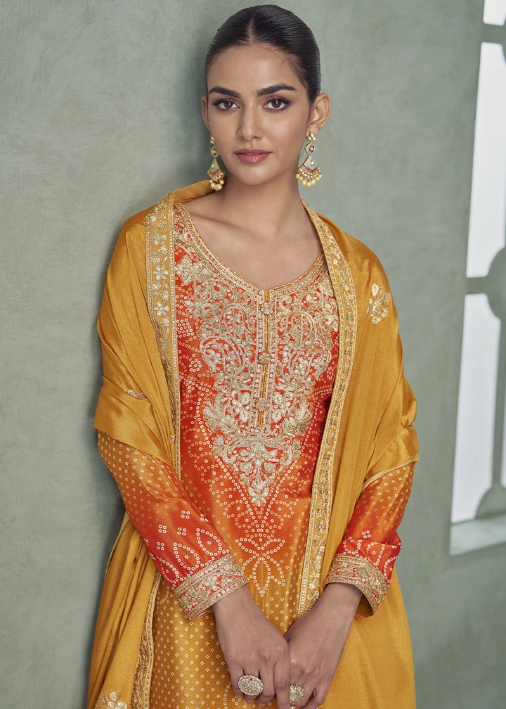 Yellow & Orange Embroidered Chinon Silk Palazzo Set