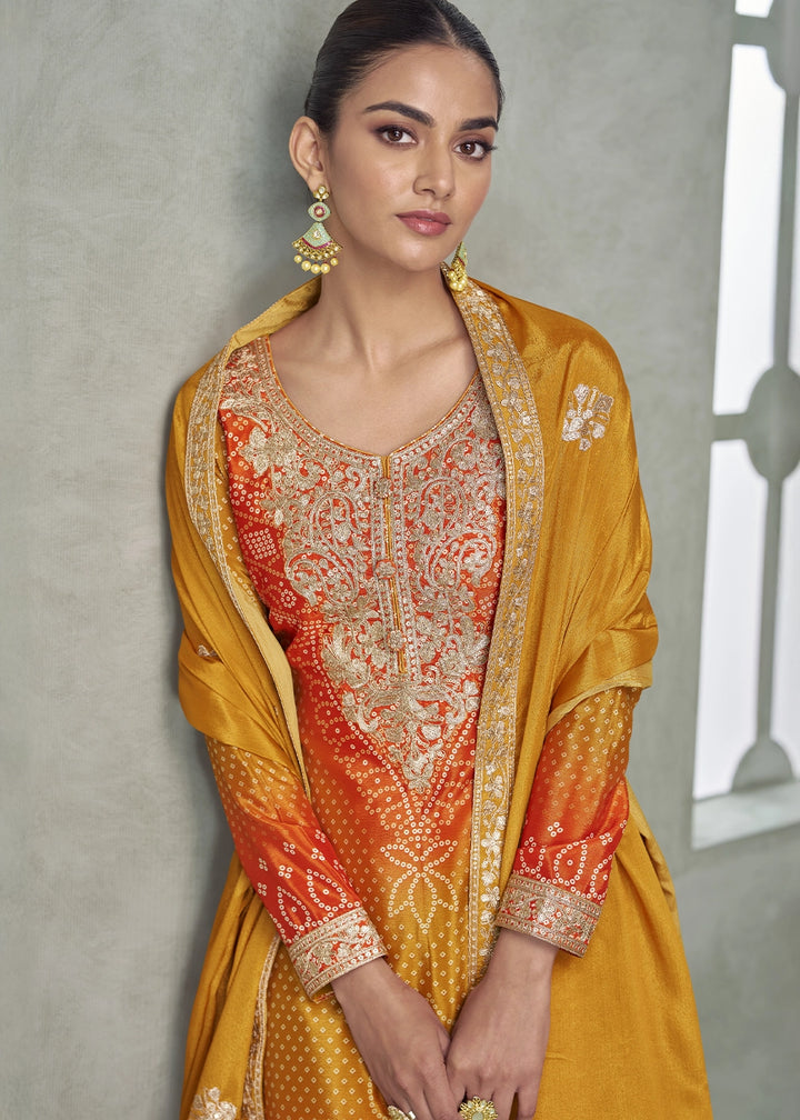 Yellow & Orange Embroidered Chinon Silk Palazzo Set