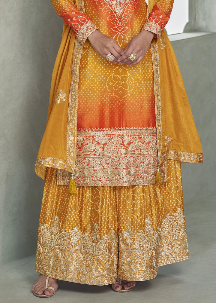 Yellow & Orange Embroidered Chinon Silk Palazzo Set