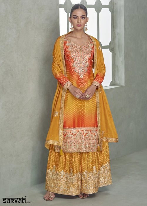 Yellow & Orange Embroidered Chinon Silk Palazzo Set
