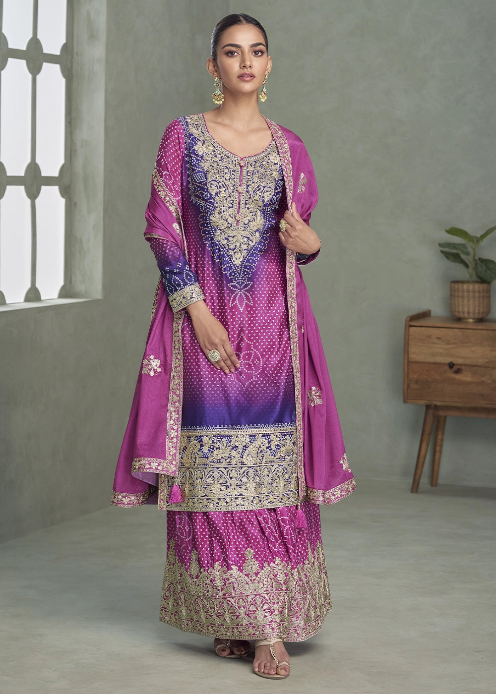 Purple & Blue Embroidered Chinon Silk Palazzo Set