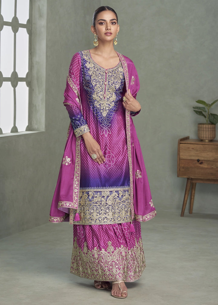 Purple & Blue Embroidered Chinon Silk Palazzo Set