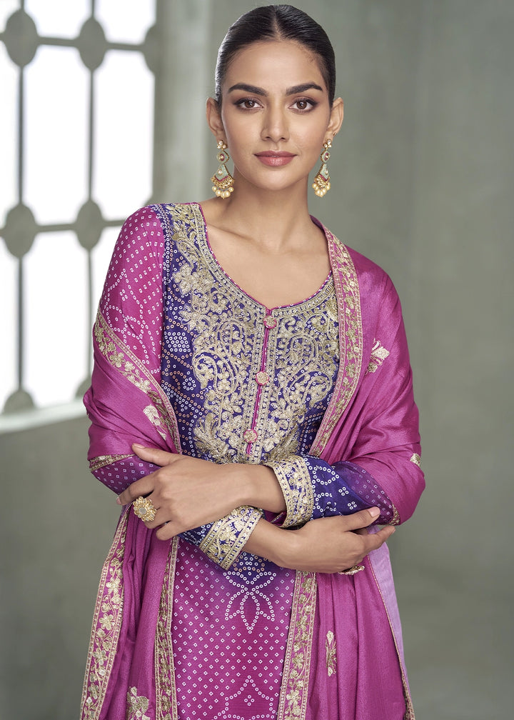 Purple & Blue Embroidered Chinon Silk Palazzo Set