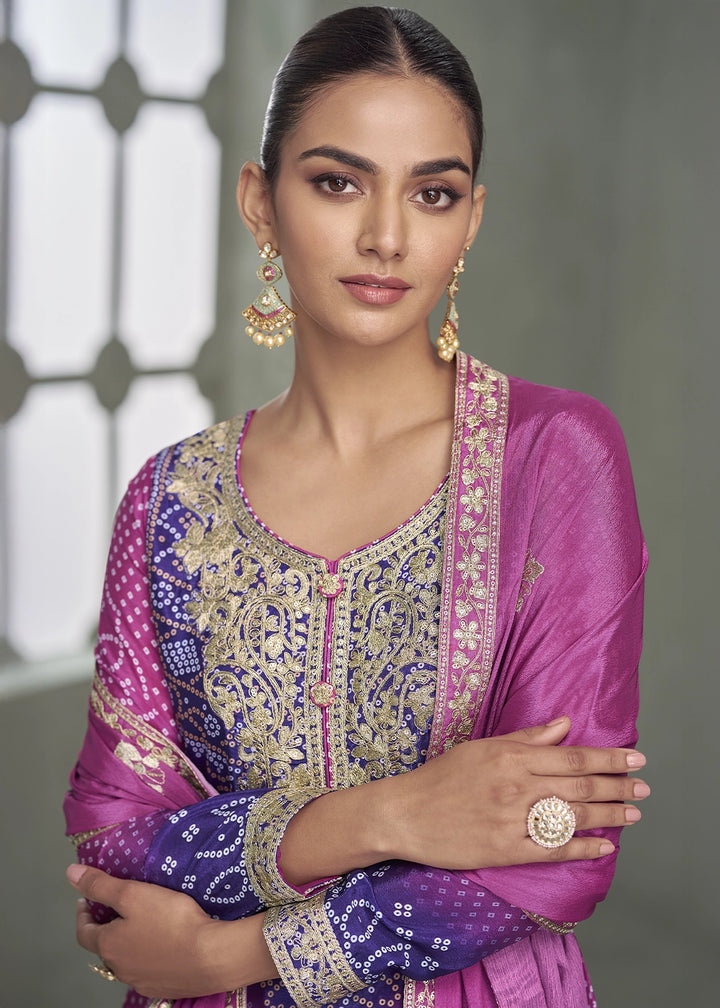 Purple & Blue Embroidered Chinon Silk Palazzo Set
