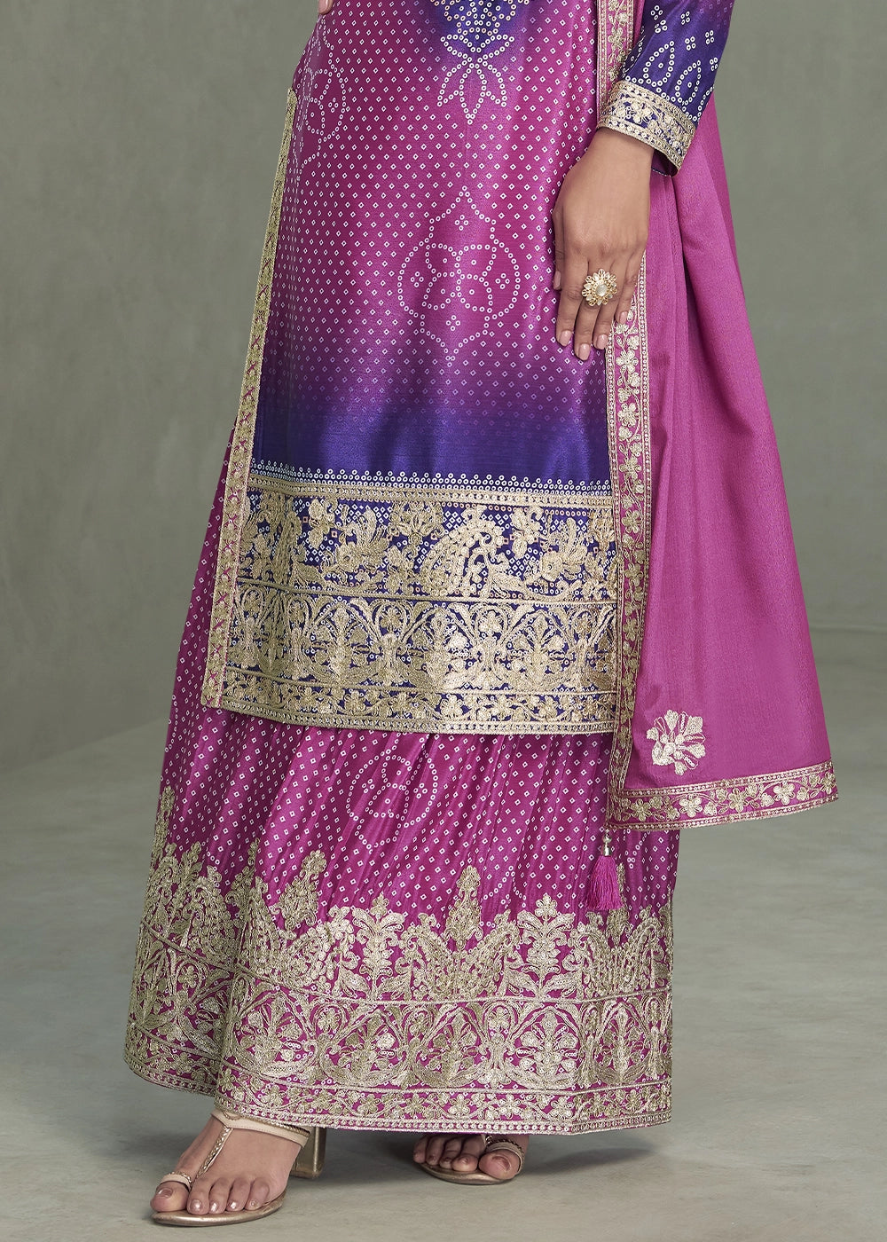 Purple & Blue Embroidered Chinon Silk Palazzo Set
