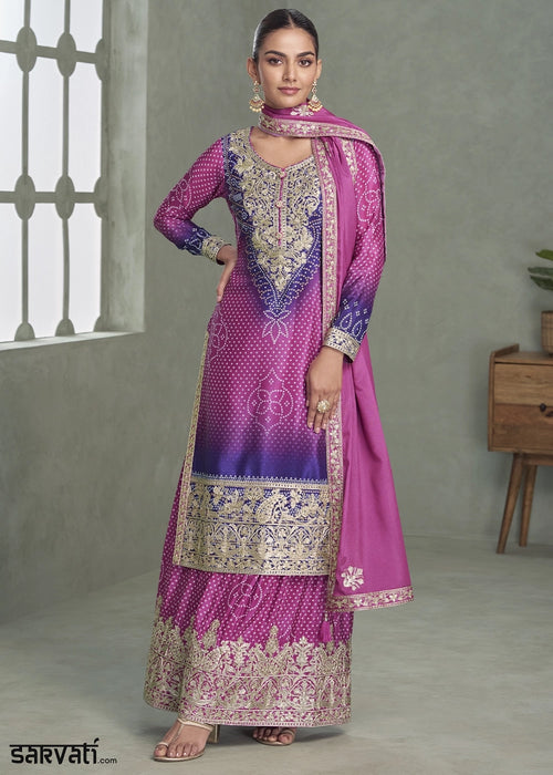 Purple & Blue Embroidered Chinon Silk Palazzo Set