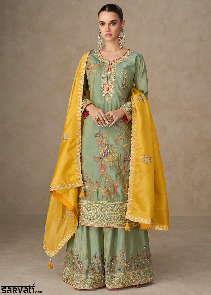 Light Green Palazzo Suit in Simar Silk with Embroidery and Contrast Dupatta