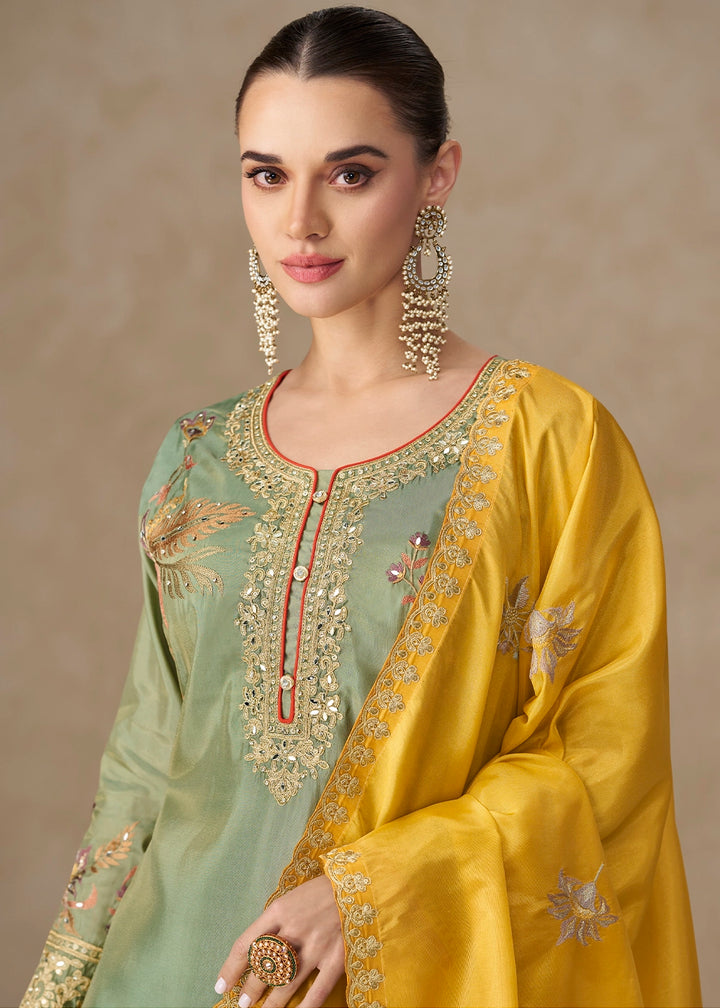 Light Green Palazzo Suit in Simar Silk with Embroidery and Contrast Dupatta