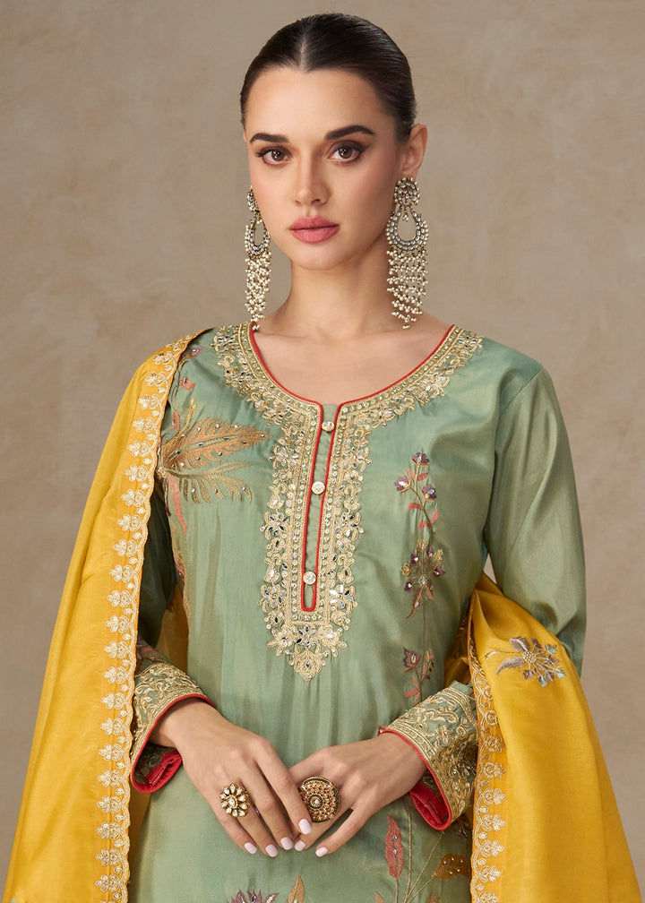 Light Green Palazzo Suit in Simar Silk with Embroidery and Contrast Dupatta