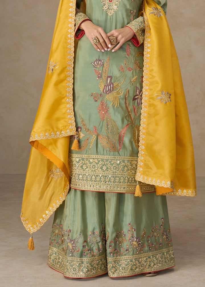 Light Green Palazzo Suit in Simar Silk with Embroidery and Contrast Dupatta