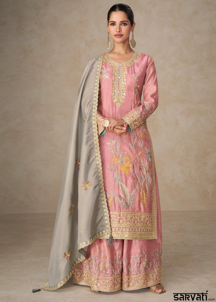 Flamingo Pink Palazzo Suit in Simar Silk with Embroidery and Contrast Dupatta
