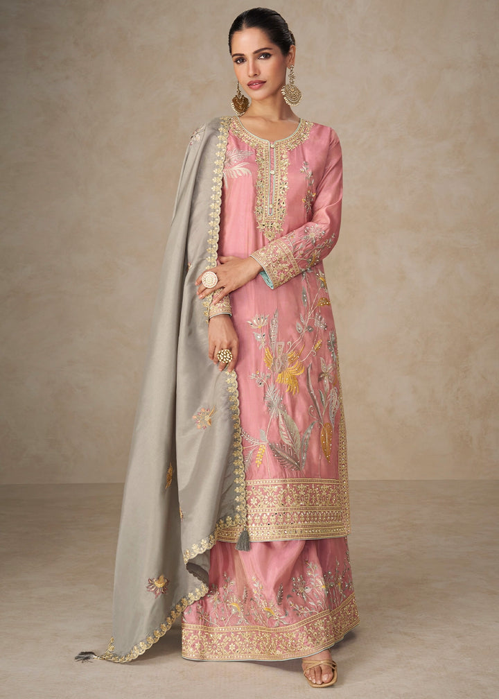 Flamingo Pink Palazzo Suit in Simar Silk with Embroidery and Contrast Dupatta
