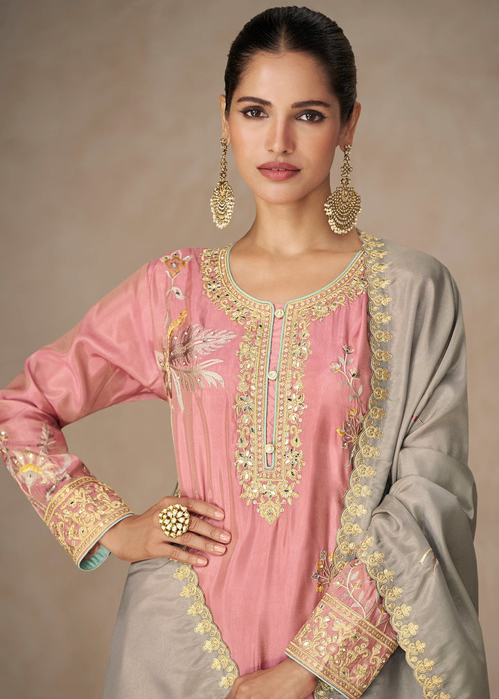 Flamingo Pink Palazzo Suit in Simar Silk with Embroidery and Contrast Dupatta