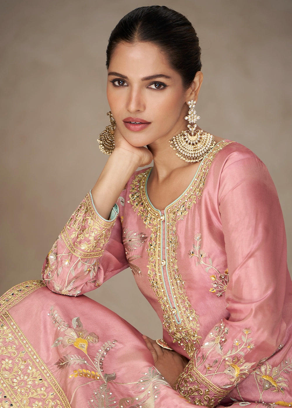 Flamingo Pink Palazzo Suit in Simar Silk with Embroidery and Contrast Dupatta