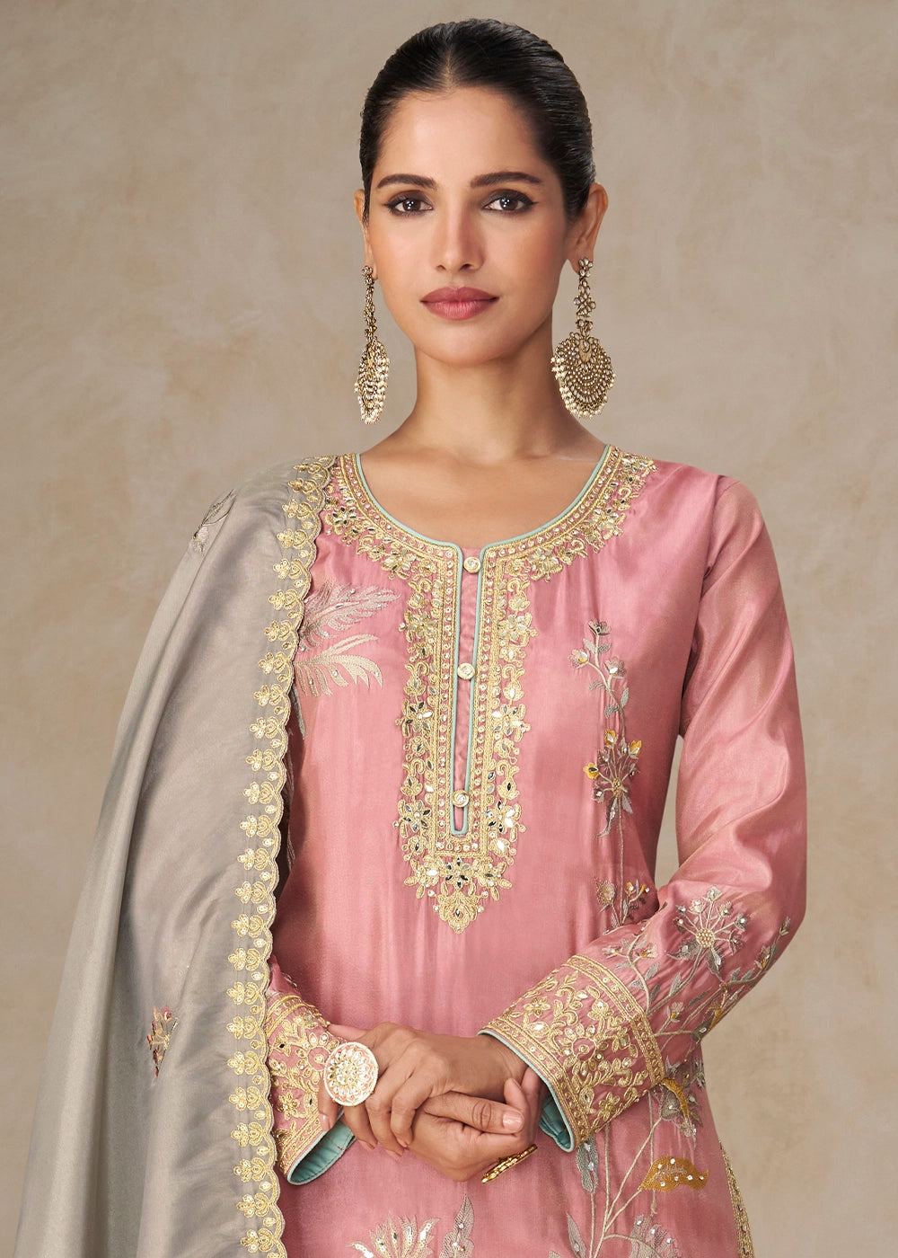 Flamingo Pink Palazzo Suit in Simar Silk with Embroidery and Contrast Dupatta