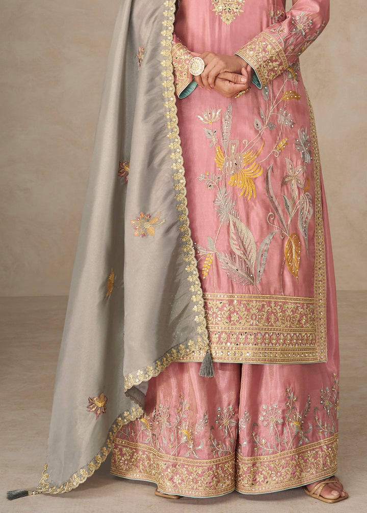 Flamingo Pink Palazzo Suit in Simar Silk with Embroidery and Contrast Dupatta
