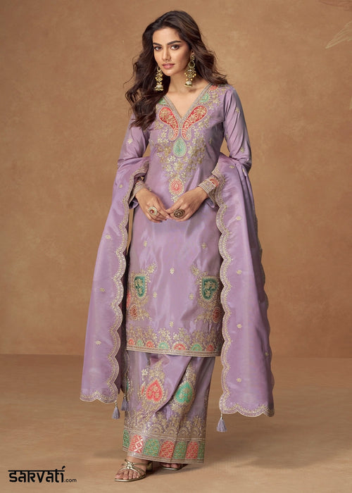 Iris Purple Simar Silk Palazzo Suit with Elegant Embroidery