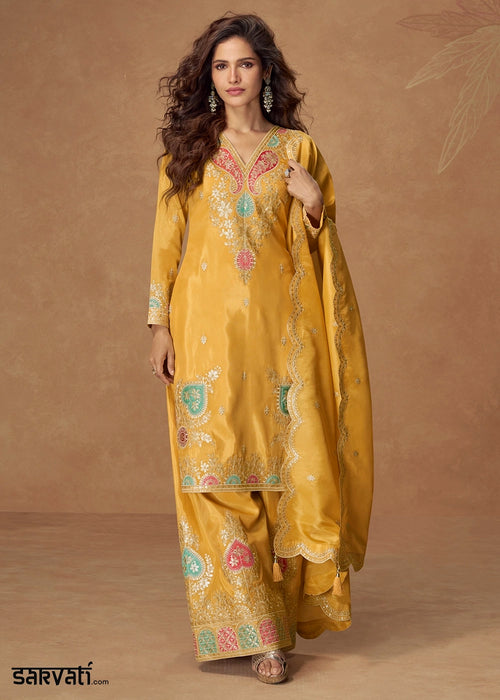 Canary Yellow Simar Silk Palazzo Suit with Elegant Embroidery