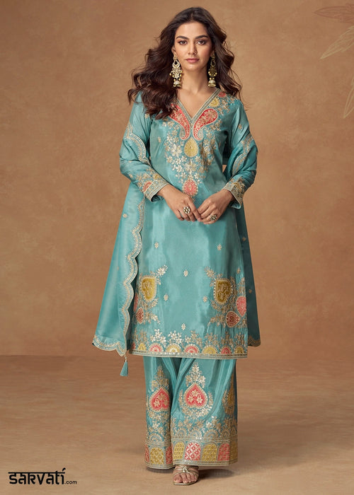 Blizzard Blue Simar Silk Palazzo Suit with Elegant Embroidery