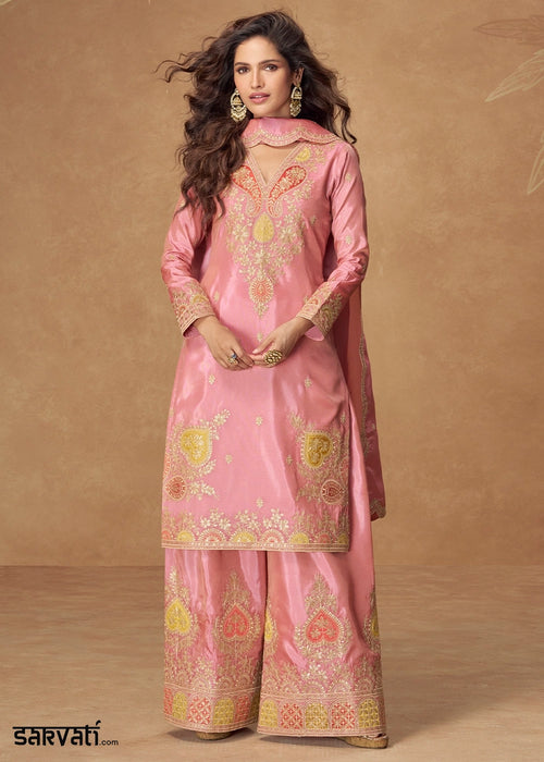 Flamingo Pink Simar Silk Palazzo Suit with Elegant Embroidery