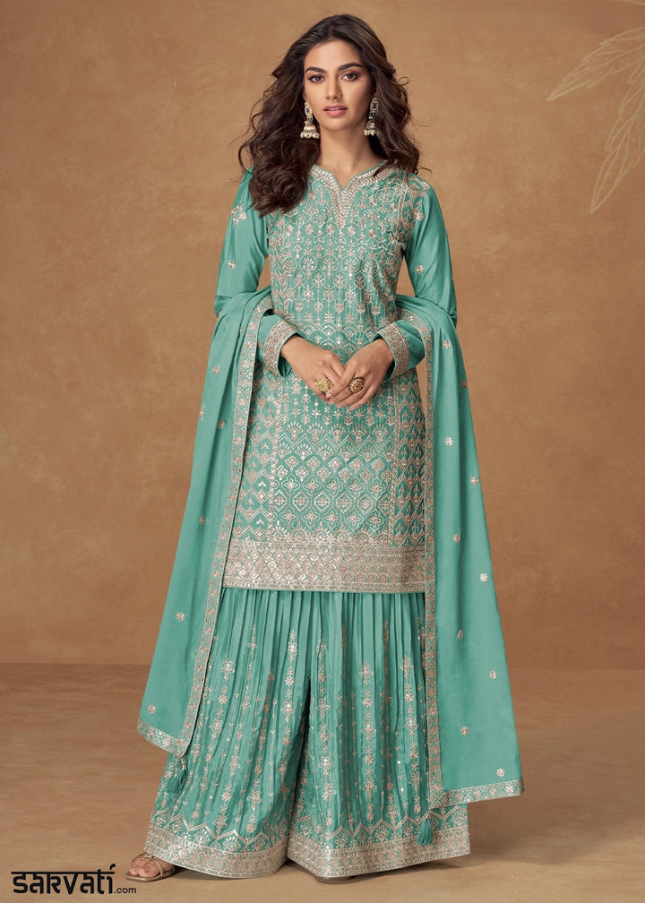 Ultramarine Green Embroidered Palazzo Suit in Soft Chinon Silk