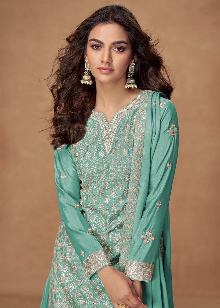 Ultramarine Green Embroidered Palazzo Suit in Soft Chinon Silk