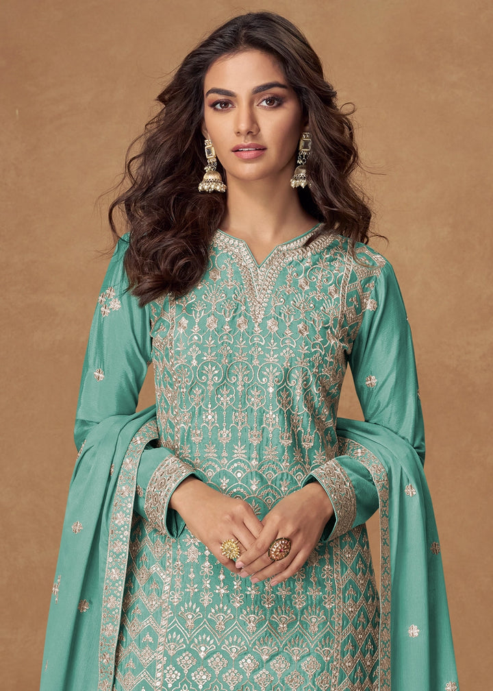Ultramarine Green Embroidered Palazzo Suit in Soft Chinon Silk