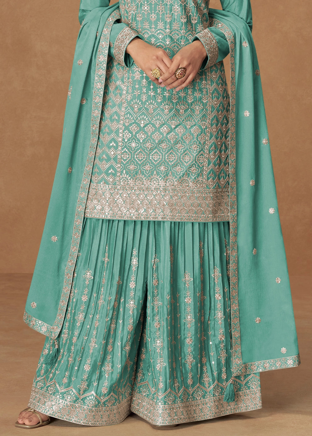 Ultramarine Green Embroidered Palazzo Suit in Soft Chinon Silk