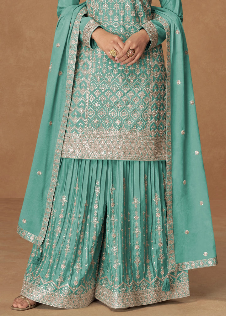 Ultramarine Green Embroidered Palazzo Suit in Soft Chinon Silk