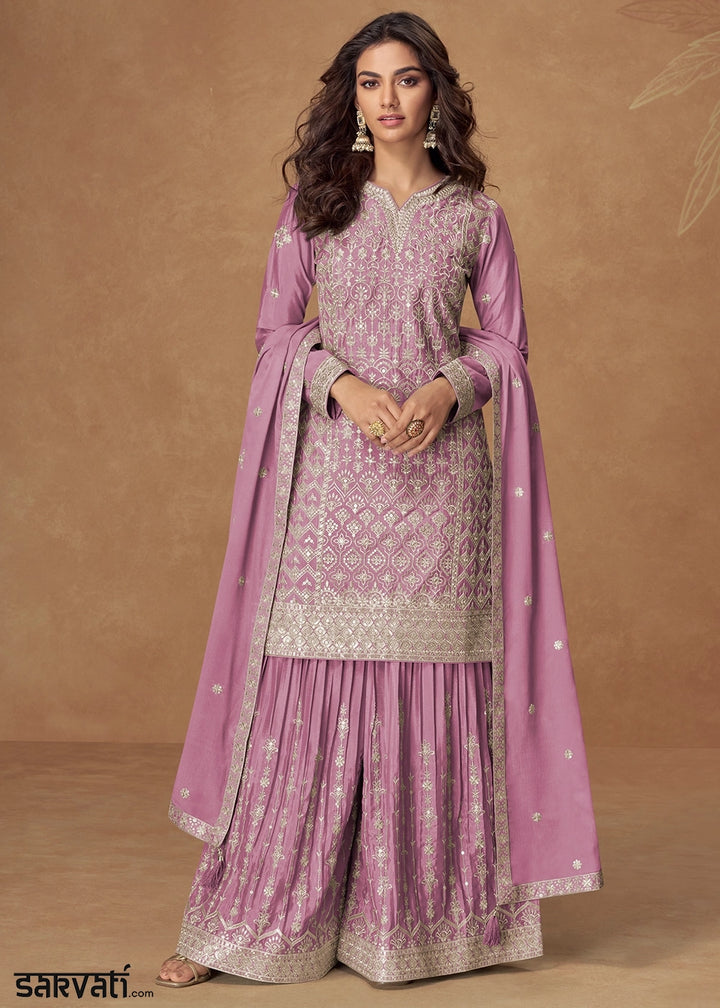 Heliotrope Purrple Embroidered Palazzo Suit in Soft Chinon Silk