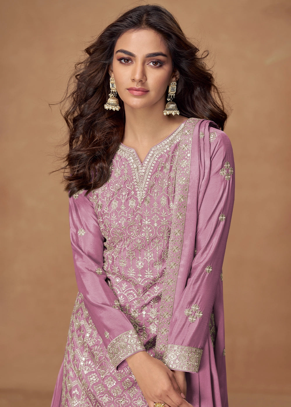 Heliotrope Purrple Embroidered Palazzo Suit in Soft Chinon Silk