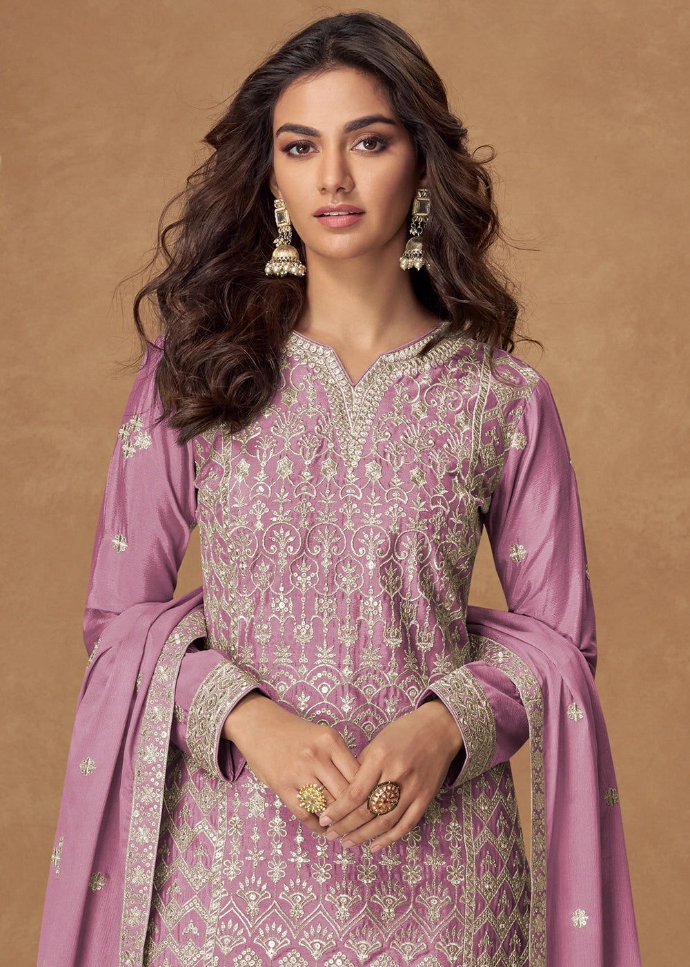 Heliotrope Purrple Embroidered Palazzo Suit in Soft Chinon Silk