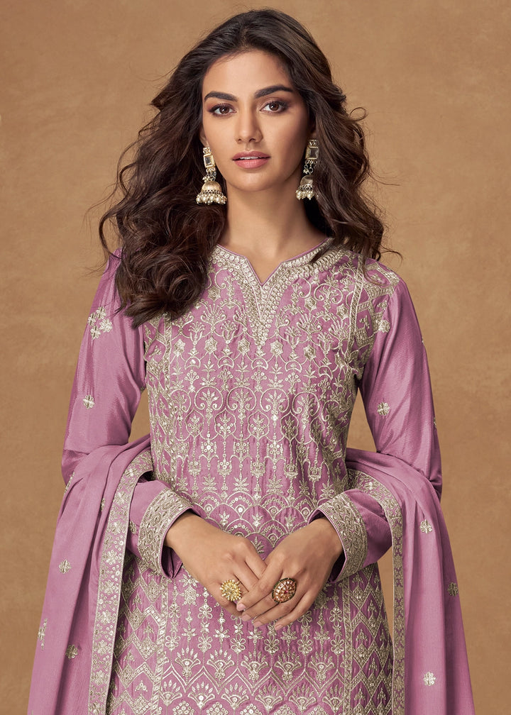 Heliotrope Purrple Embroidered Palazzo Suit in Soft Chinon Silk