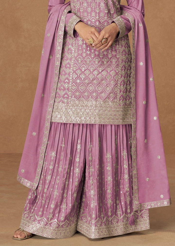 Heliotrope Purrple Embroidered Palazzo Suit in Soft Chinon Silk
