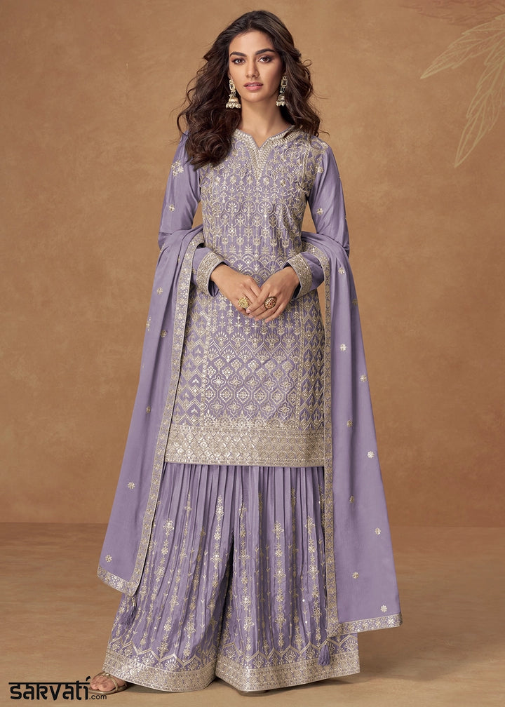 Iris Purple Embroidered Palazzo Suit in Soft Chinon Silk