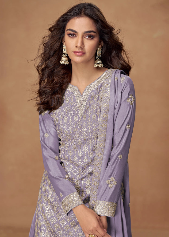 Iris Purple Embroidered Palazzo Suit in Soft Chinon Silk